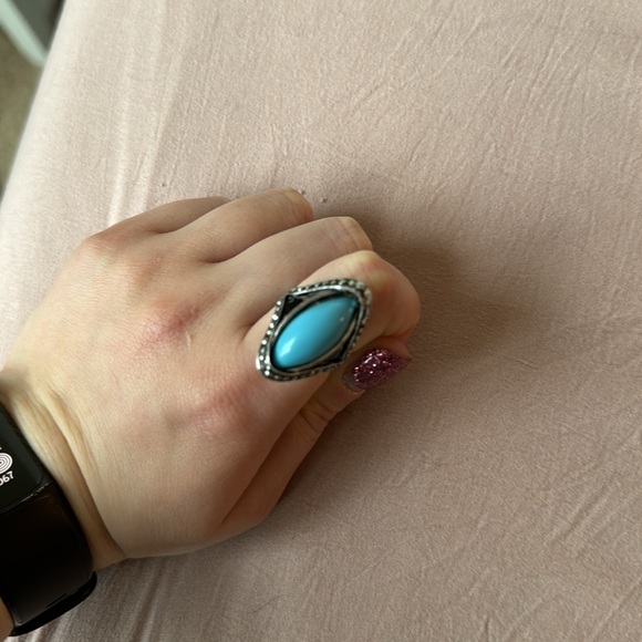 Adjustable Turquoise Statement Silver Tone Ring - Picture 2 of 5